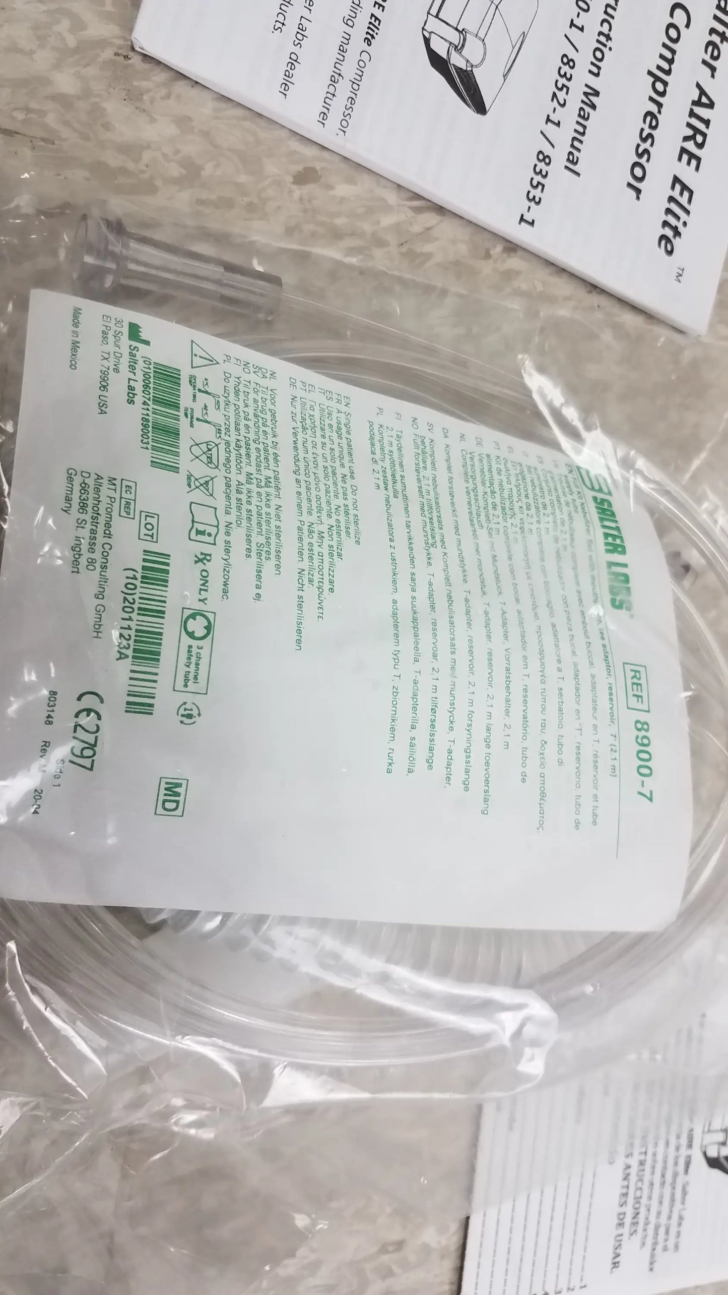 White plastic medical tubing with green labeling and barcode packaged in clear wrap for Salter AIRE Elite nebulizer, buy used medical equipment