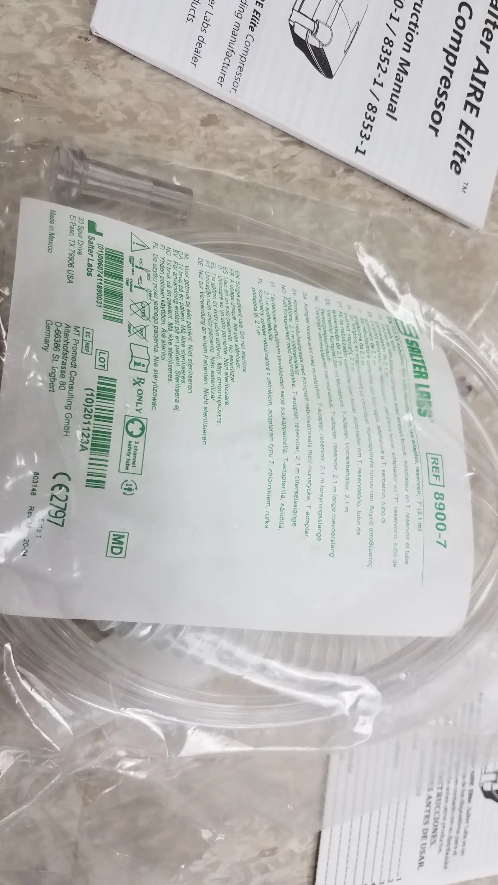 White plastic medical tubing with green labeling and barcode packaged in clear wrap for Salter AIRE Elite nebulizer, buy used medical equipment