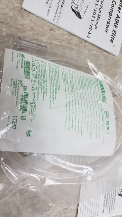 White plastic medical tubing with green labeling and barcode packaged in clear wrap for Salter AIRE Elite nebulizer, buy used medical equipment