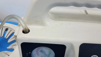 White plastic lot of 2 SSCOR 2314 duet portable aspirator with transparent tubing outlet and black control panels medical equipment