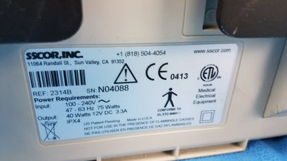 White rectangular label with black text showing product specifications for sscor inc duet portable aspirator medical equipment