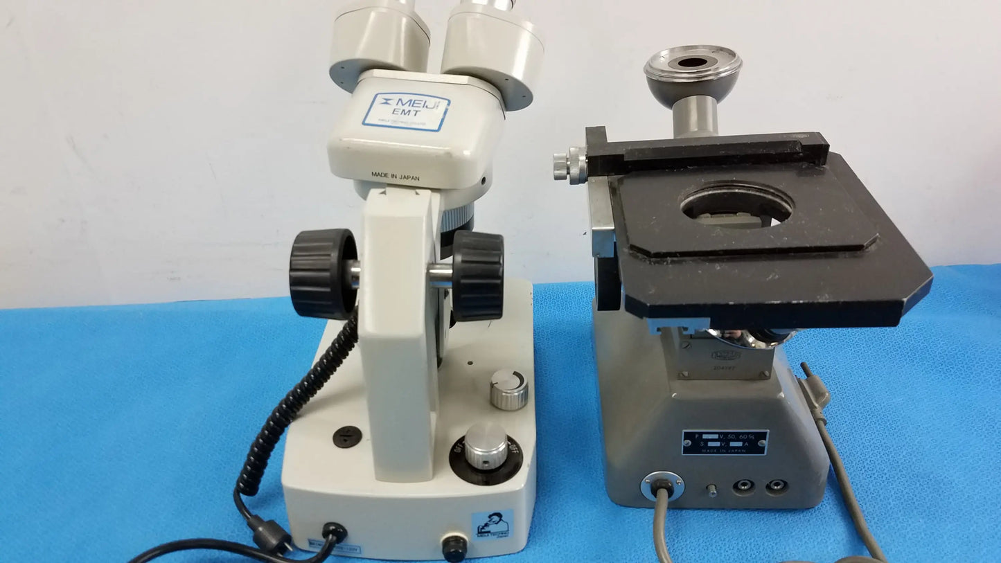 Lot of 2 white and black meli emt stereo microscope with adjustable focus and stage and ck inverted binocular microscope