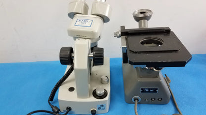 Lot of 2 white and black meli emt stereo microscope with adjustable focus and stage and ck inverted binocular microscope