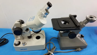 Lot of 2 stereo microscope with white and gray inverted binocular microscope featuring dual eyepieces and labeled abzi stand base