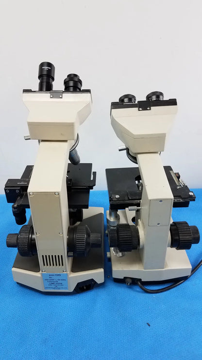 Lot of 2 wesco and olymus ch-2 beige and black compound microscopes with dual eyepieces for reuse medical equipment
