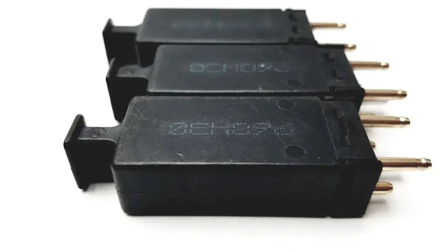 Lot of 3 black plastic solid state protector modules with 5 gold-colored pin solid state terminals