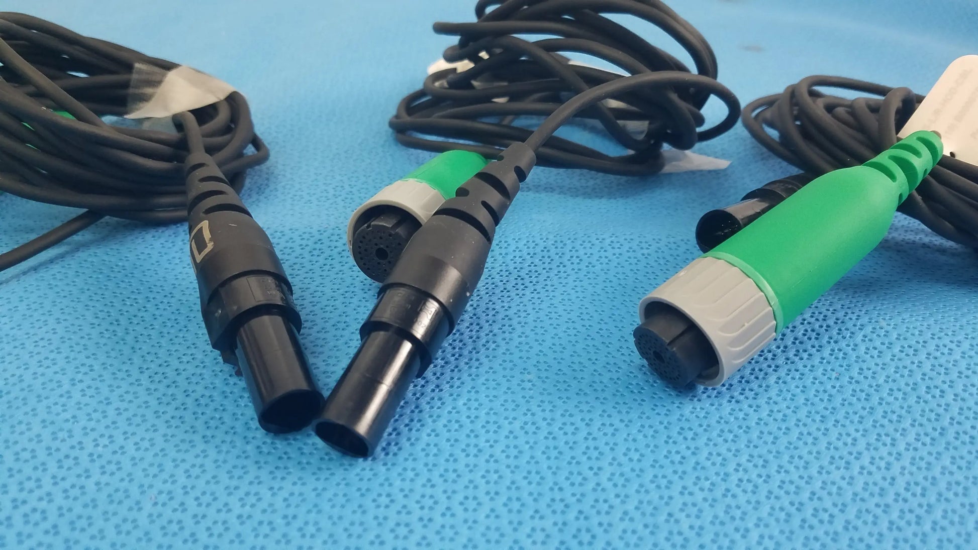 Lot of 3 black and green medical-grade D-ENS-L/R-HOD-CBL Ensite X EP system connector cables with textured grips for reuse medical equipment