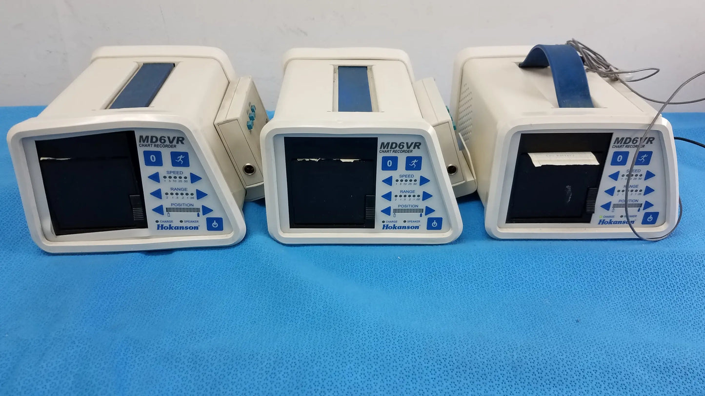 Lot of 3 hokanson md6vr chart recorders featuring white infusion pumps with blue accents for medical equipment use
