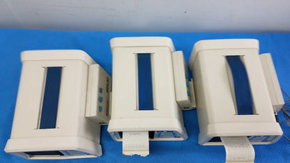 Lot of 3 hokanson md6vr chart recorders with white medical-grade pulse oximeters and blue vertical strips