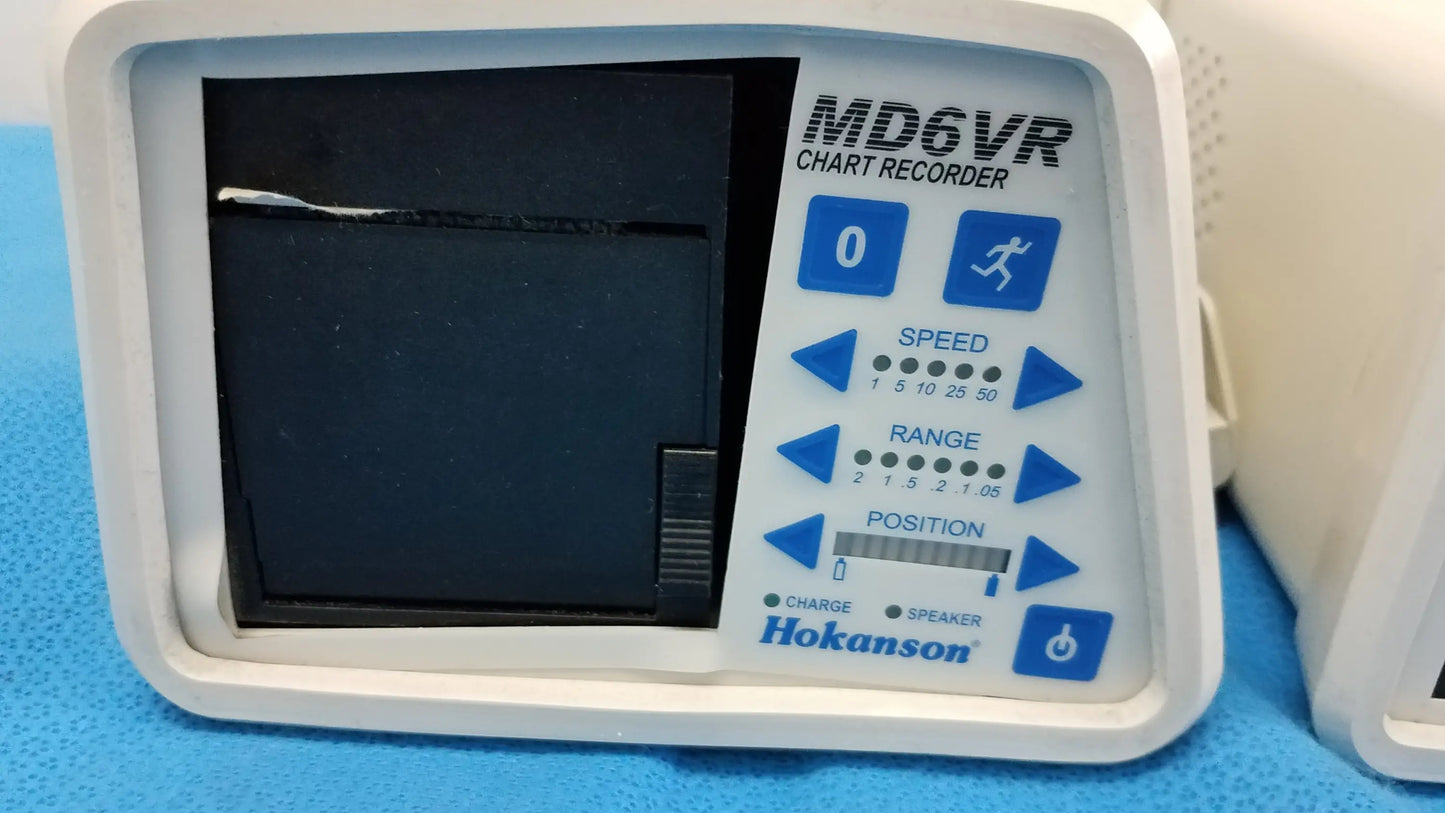 Lot of 3 hokanson md6vr chart recorders white plastic with blue buttons and black display for medical equipment use