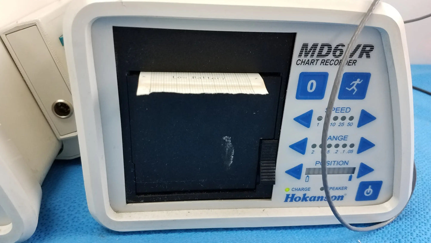 White plastic hokanson md6vr chart recorder with blue buttons and paper roll for medical equipment use in lot of 3