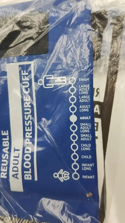 Blue reusable adult blood pressure cuff in plastic packaging for blood pressure measurement range 275 to 365 cm