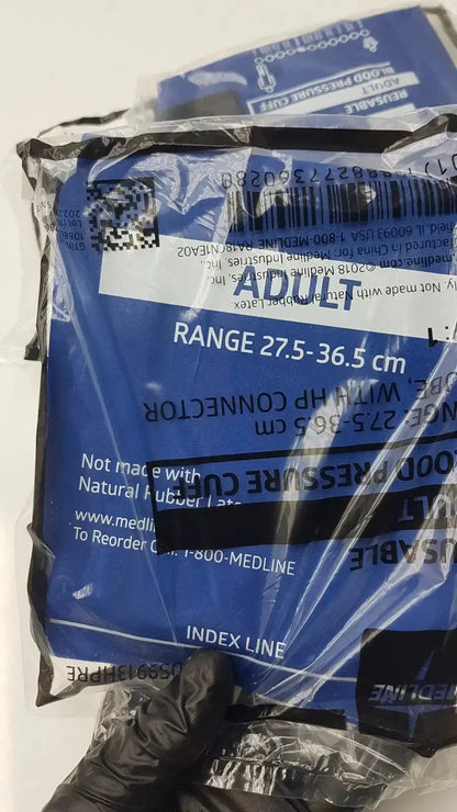 Lot of 3 medline reusable adult blood pressure cuffs blue plastic wrapped with black rubber bladder and white text labeling