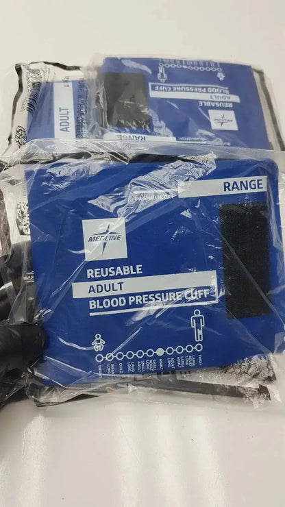 Blue medline reusable adult blood pressure cuff in clear plastic packaging for pressure cuff size 27.5 to 36.5 cm