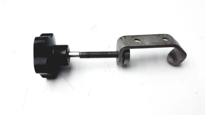 Black plastic knob attached to stainless steel threaded rod with metallic bracket for tube slot pipe clamp fixture