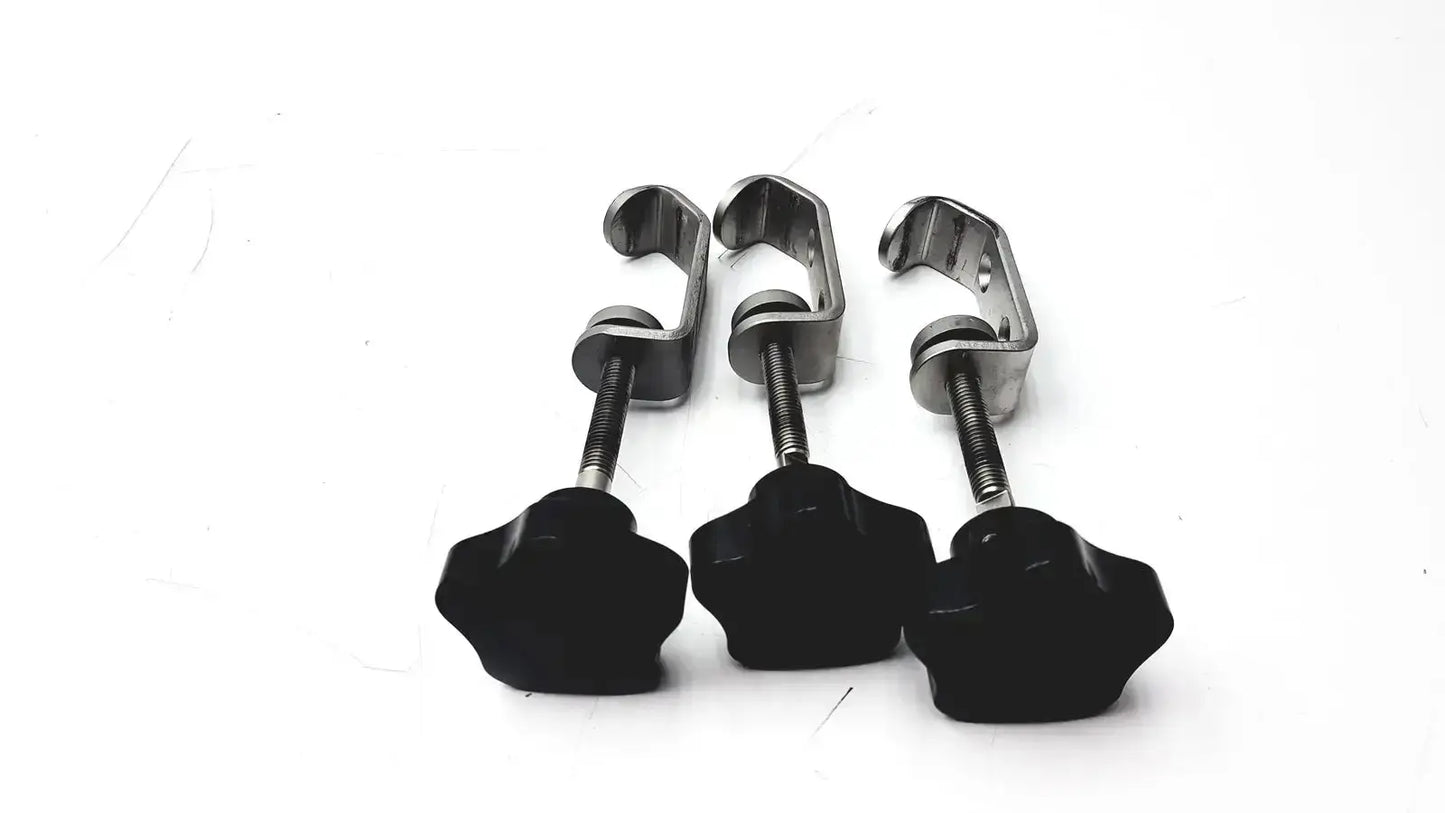 Lot of 3 stainless steel fixture i-beam tube slot pipe clamps with black star-shaped knob and silver adjustable arms