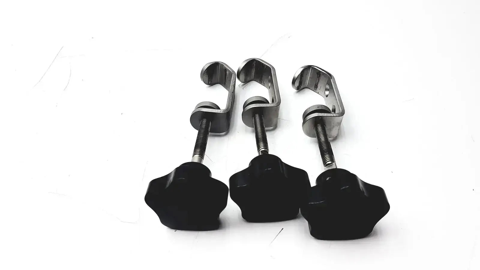 Lot of 3 stainless steel fixture i-beam tube slot pipe clamps with black star-shaped knob and silver adjustable arms