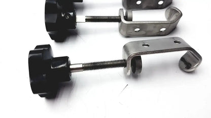 Black plastic knob with threaded metal rod and silver stainless steel bracket for tube slot pipe i-beam clamp