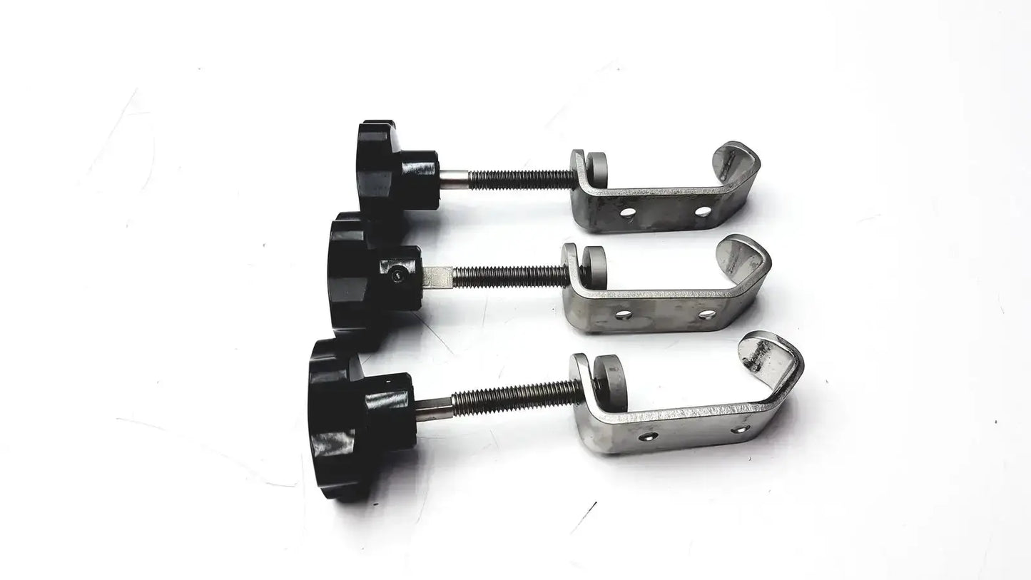 Black plastic knob with threaded metal shaft and silver stainless steel u-shaped bracket for tube slot pipe clamp