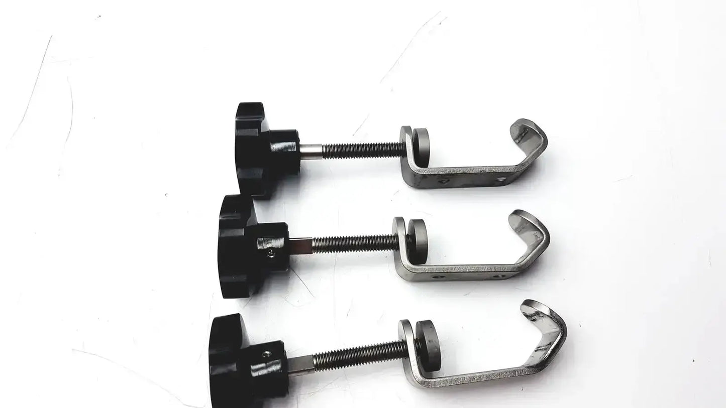 Black plastic knob with threaded metal rod and u-shaped stainless steel clamp for tube slot pipe fixture I-beam clamp