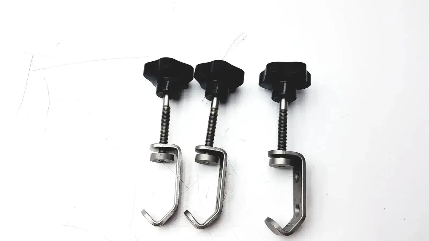 Lot of 3 stainless steel i-beam clamps with black handles and adjustable threaded stems for tube slot pipe use