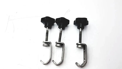 Lot of 3 stainless steel i-beam clamps with black handles and adjustable threaded stems for tube slot pipe use