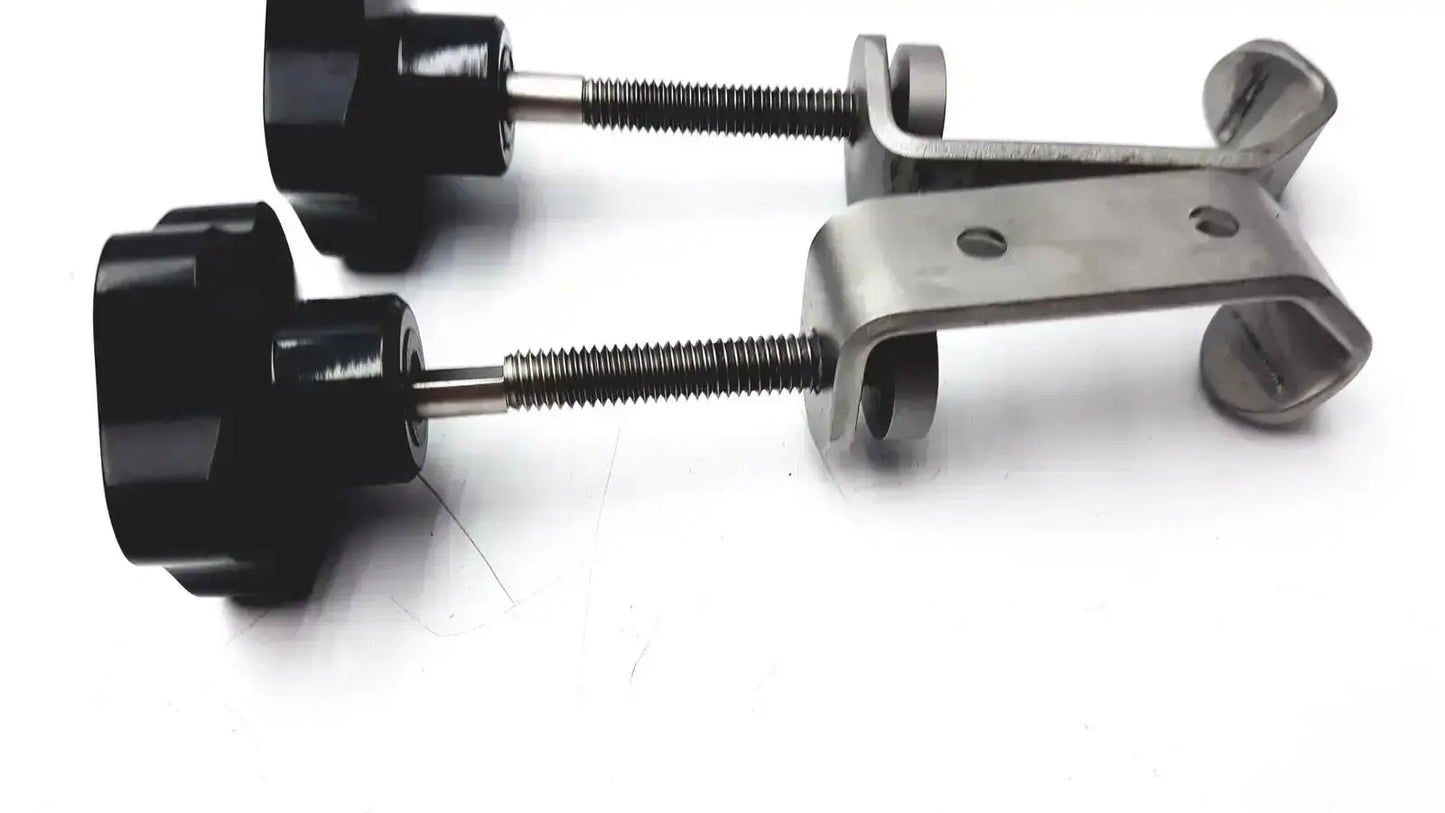 Lot of 3 stainless steel fixture i-beam clamps with black knobbed adjustment and tube slot pipe brackets