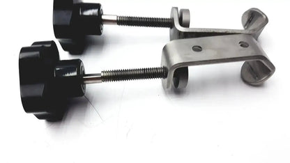 Lot of 3 stainless steel fixture i-beam clamps with black knobbed adjustment and tube slot pipe brackets