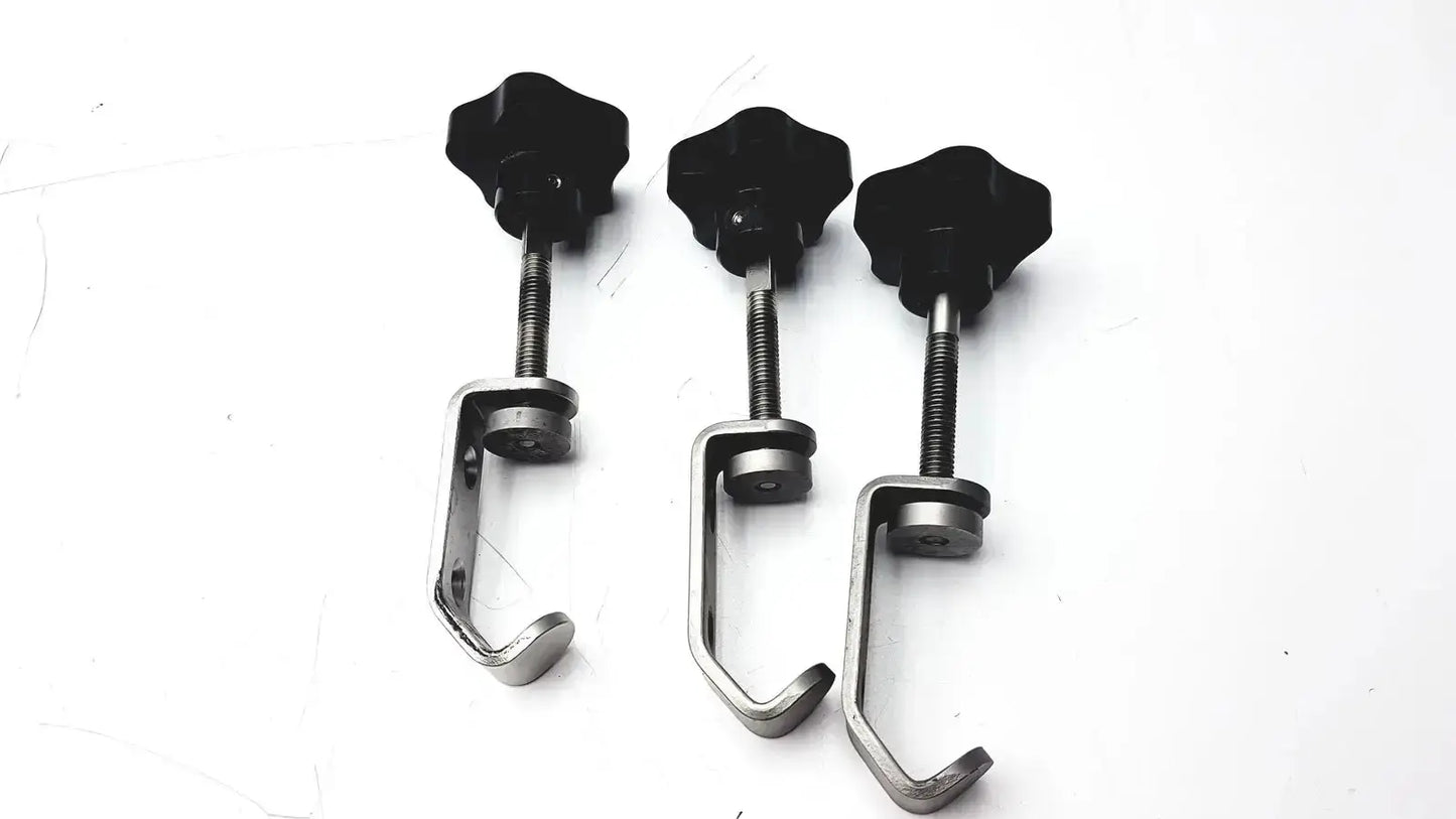 Three black star-shaped knob clamp hooks with stainless steel bodies for tube slot pipe i-beam fixture clamp set of 3