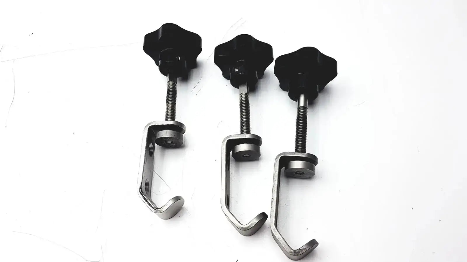 Three black star-shaped knob clamp hooks with stainless steel bodies for tube slot pipe i-beam fixture clamp set of 3