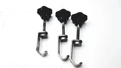 Three black star-shaped knob clamp hooks with stainless steel bodies for tube slot pipe i-beam fixture clamp set of 3