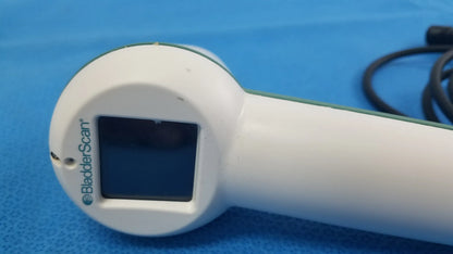 White plastic verathon bladderscan device with rectangular digital display and green accents for medical equipment reuse