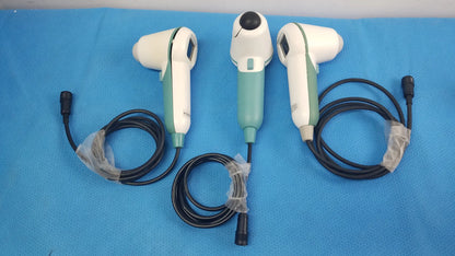 Lot of 3 verathon bladderscan medical equipment handheld ultrasound probes in white and teal with black cords for reuse medical equipment