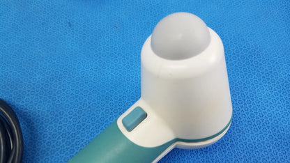 White and teal verathon bladderscan handheld ultrasound probe with rounded dome-shaped tip for reuse medical equipment