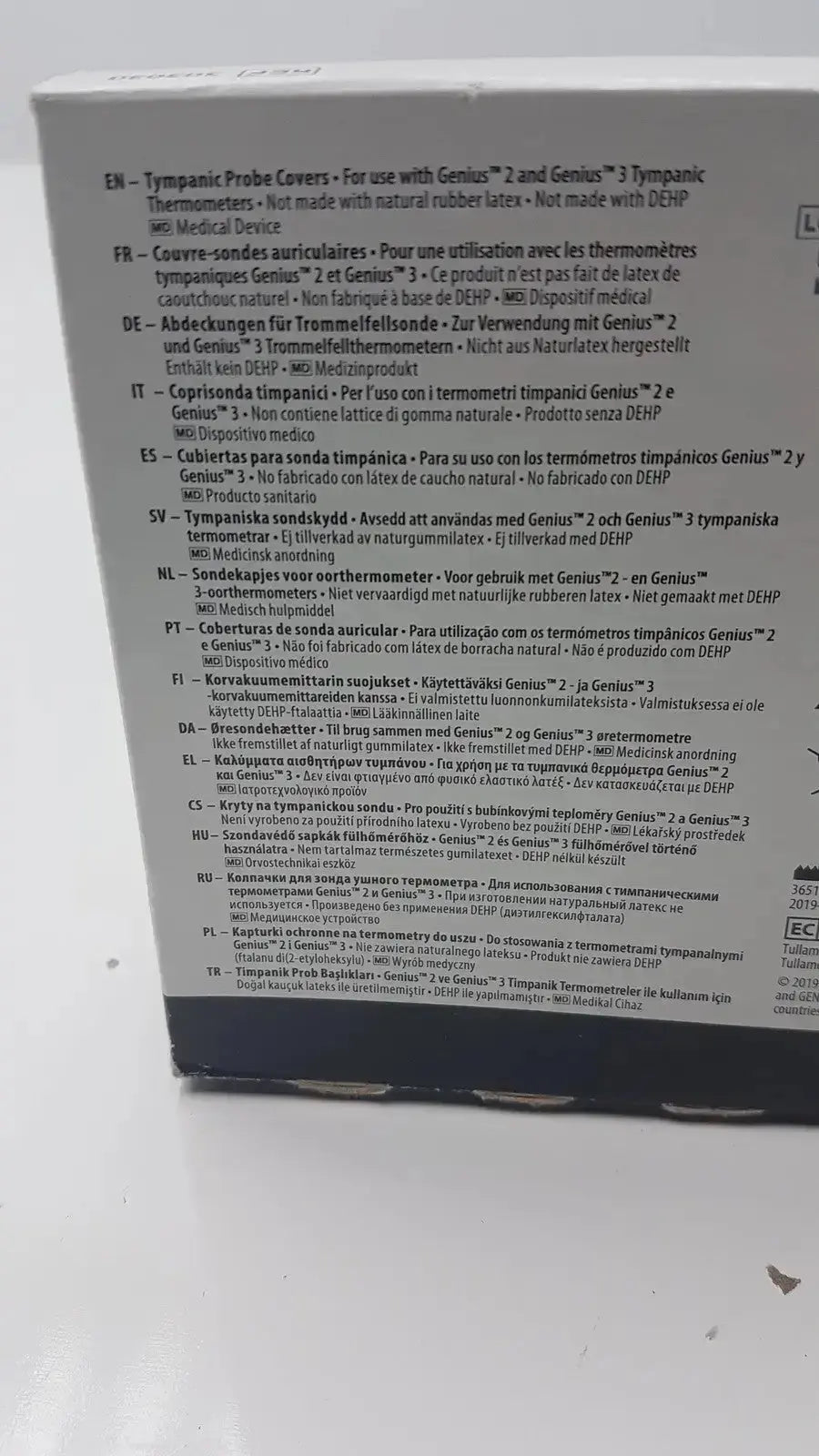 Specification sheet for lot of 4 cardinal health genius tympanic probe covers made of rubber latex and dehp-free material