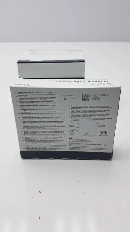 White cardboard box of cardinal health genius tympanic probe covers labeled carnegie probe covers with qr code lot of 4