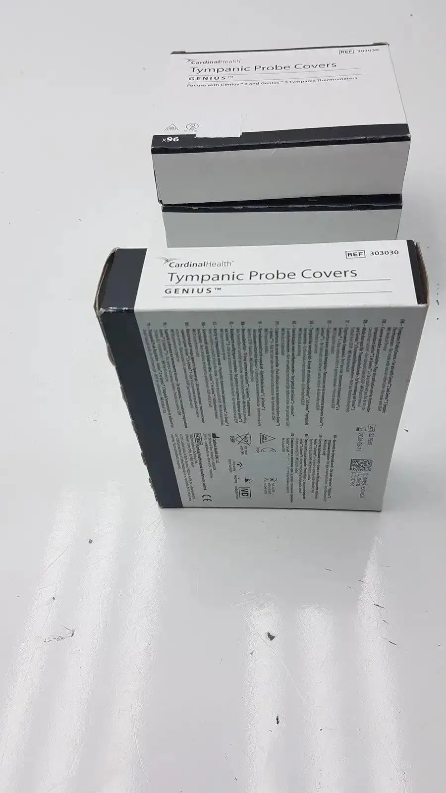 Lot of 4 cardinal health genius tympanic probe covers black and white cardboard boxes ref 303930