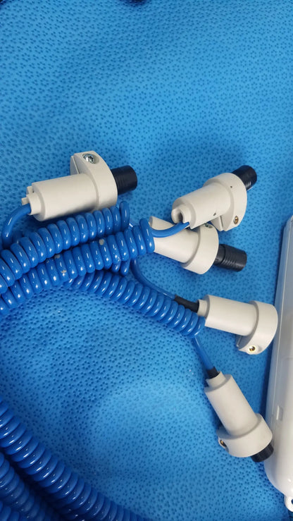 Lot of 4 coviden genius 2 tethered tympanic thermometers with white plastic sensor connectors black tips and blue cables for reuse medical equipment