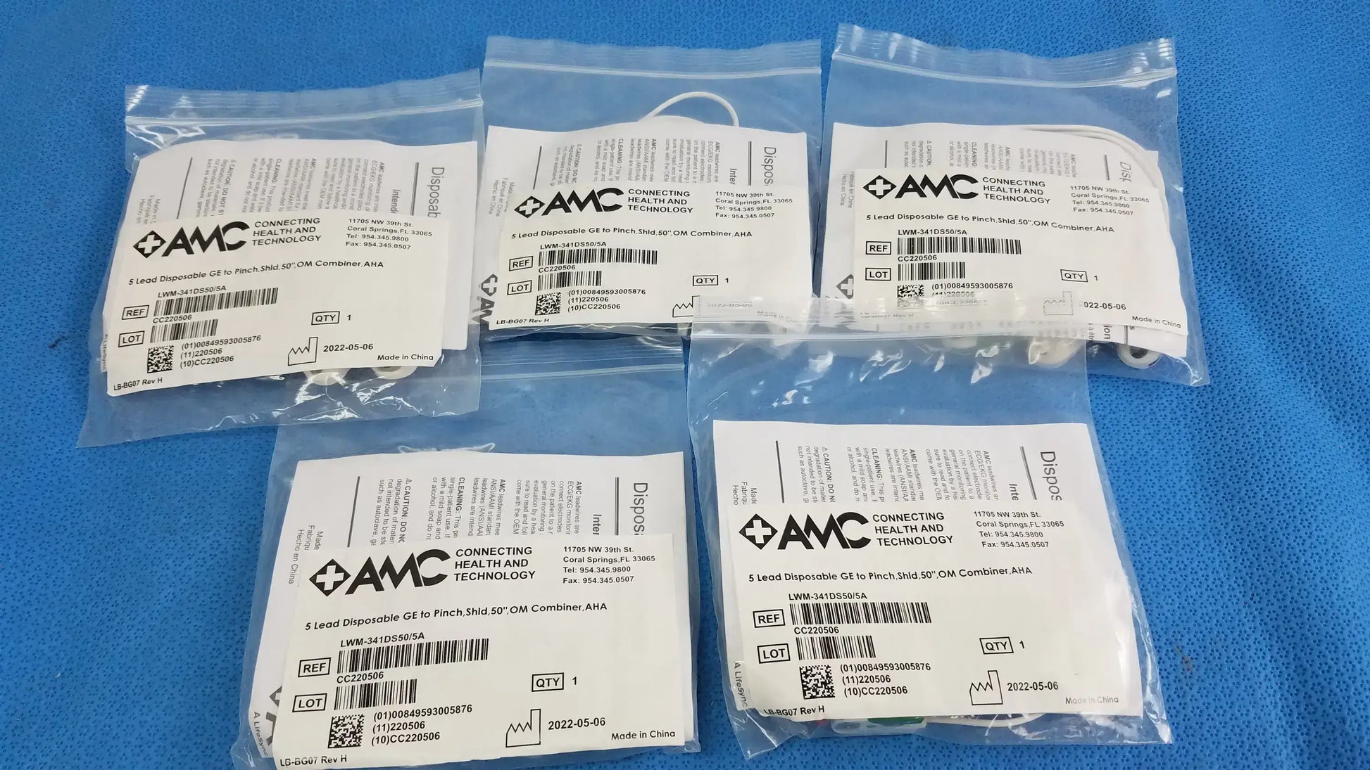 Lot of - 5 AMC 5-Lead Disposable ECG Cable GE Multi-Link to Pinch Shielded 50