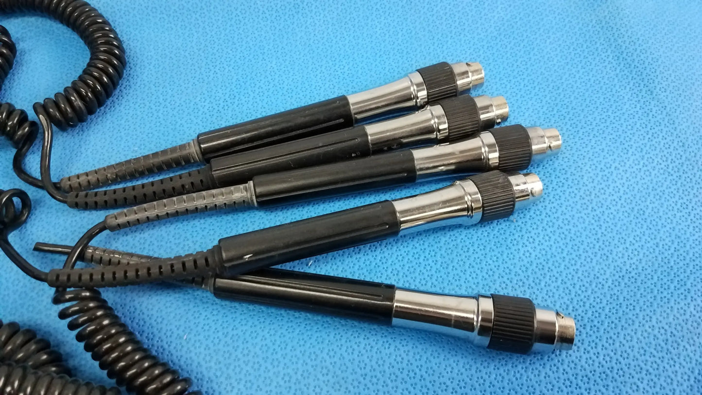 Lot of 5 black and silver medical-grade surgical probes with coiled cords for wall transformer reuse medical equipment