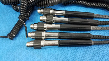 Lot of 5 black and silver coiled cord and handle assemblies with textured grips for wall transformer reuse medical equipment
