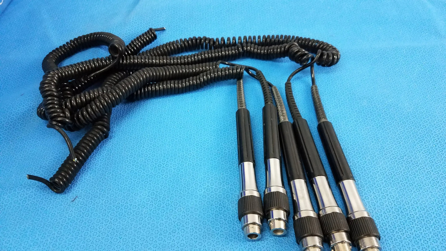 Lot of 5 black coiled cord and handle assemblies with metallic connectors for medical equipment wall transformer use
