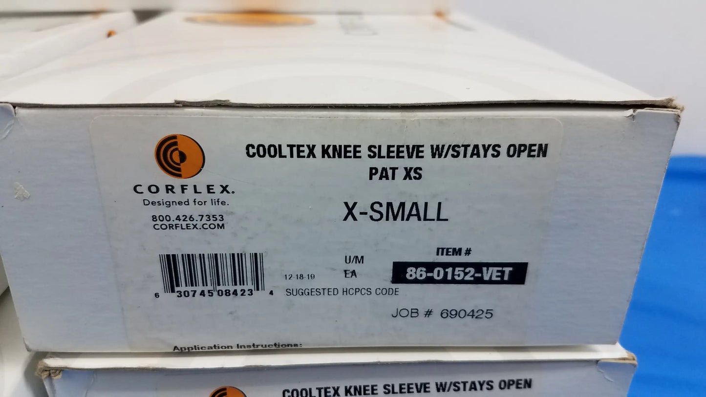 White cardboard box of corflex cooltex knee sleeve medical equipment with stays open pat xs for reuse medical equipment