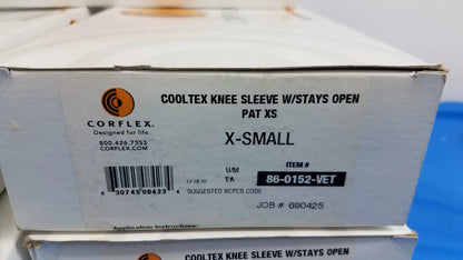 White cardboard box of corflex cooltex knee sleeve medical equipment with stays open pat xs for reuse medical equipment
