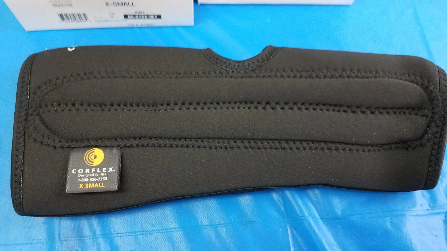 Black neoprene corflex x-small wrist support with reinforced stitching and branded label for reuse medical equipment