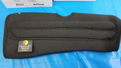 Black neoprene corflex x-small wrist support with reinforced stitching and branded label for reuse medical equipment