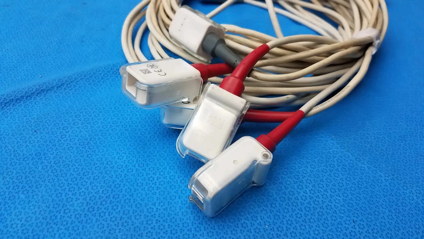 White medical-grade masimo lncs patient cables with red and gray connectors designed for compatible monitoring systems