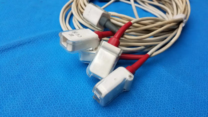 White medical-grade masimo lncs patient cables with red and gray connectors designed for compatible monitoring systems