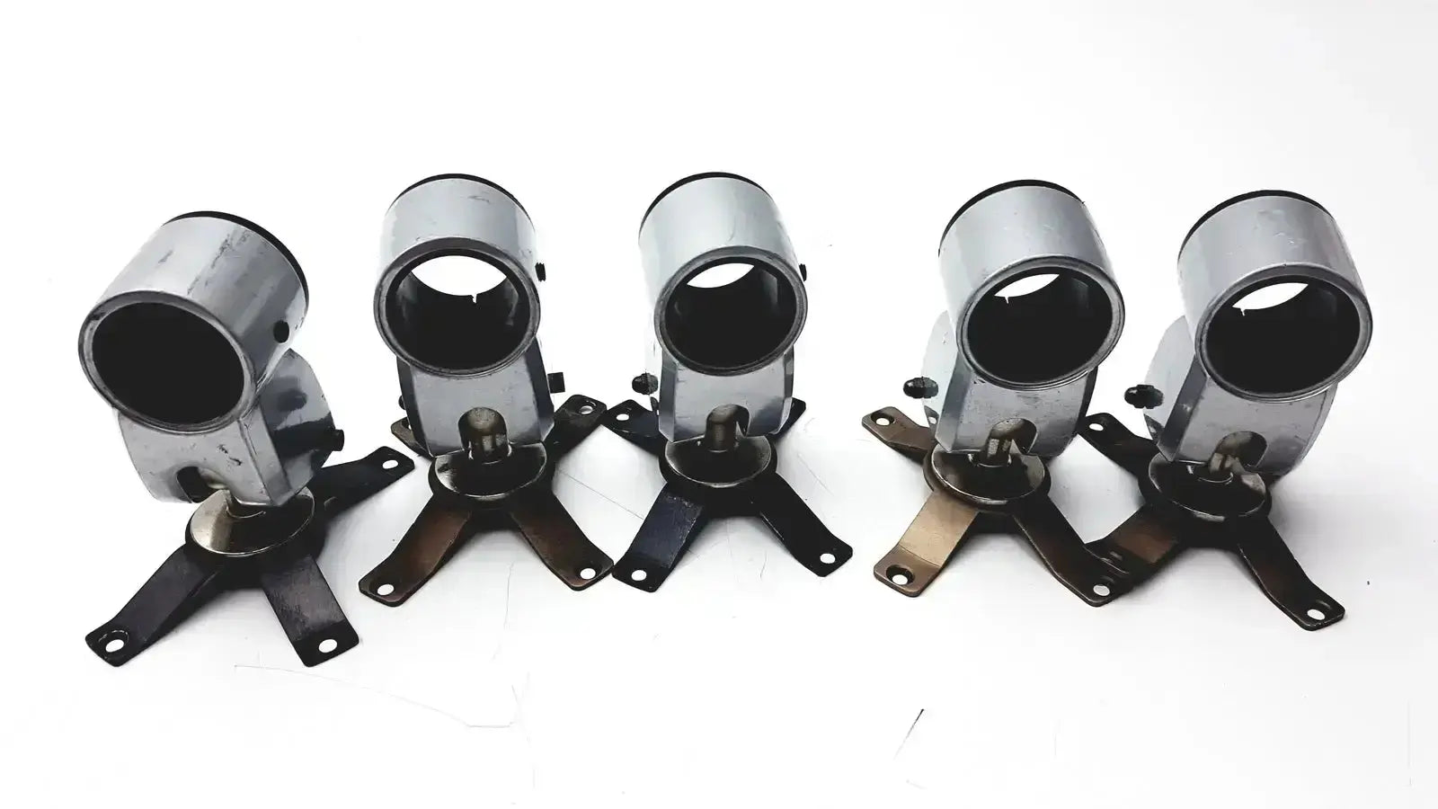 Lot of 5 metal clamps featuring metallic cylindrical mounts with black base brackets for hospital surplus equipment use