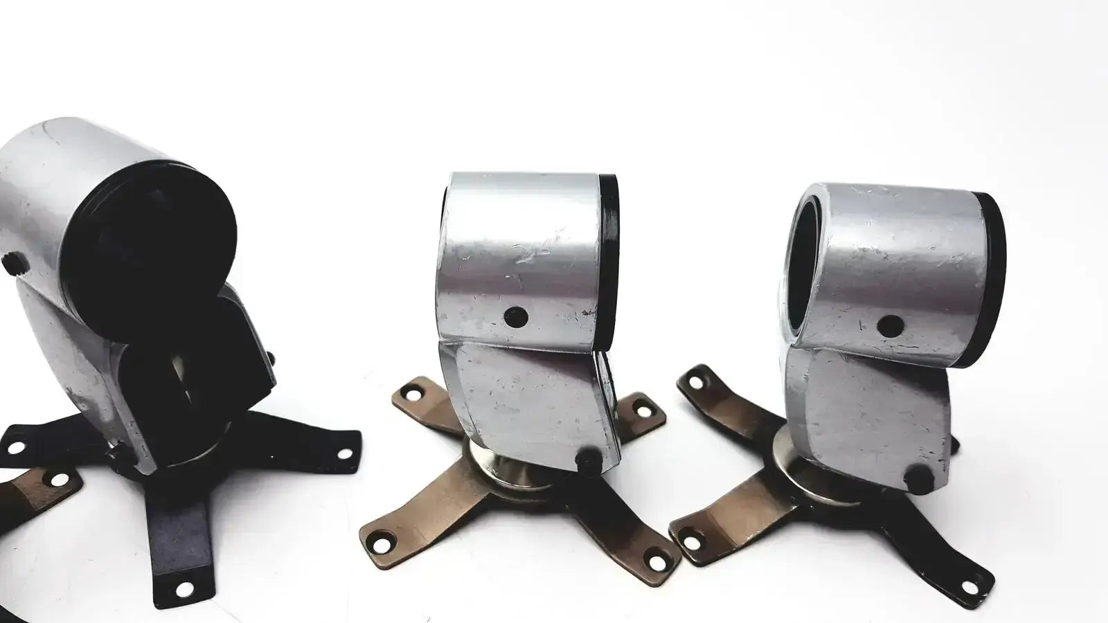 Lot of 5 metal clamps with black rubberized interiors and adjustable brackets for equipment clamps hospital surplus use
